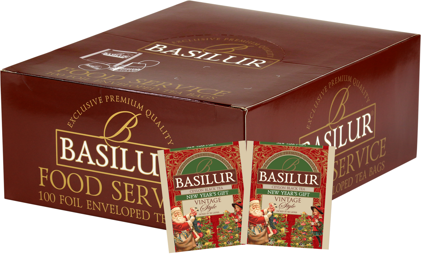 Zestaw Basilur New Year’s Gift – 100 torebek czarnej herbaty cejlońskiej z motywem Nowego Roku i Świętego Mikołaja.