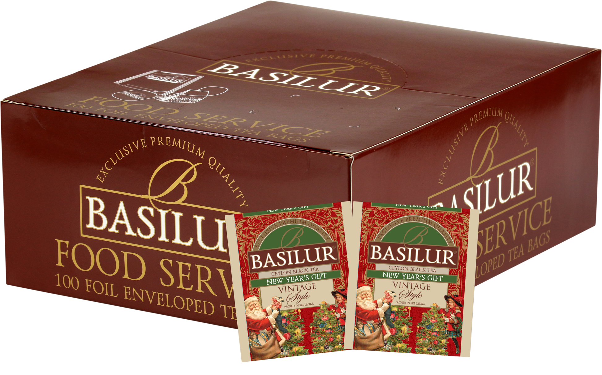 Zestaw Basilur New Year’s Gift – 100 torebek czarnej herbaty cejlońskiej z motywem Nowego Roku i Świętego Mikołaja.