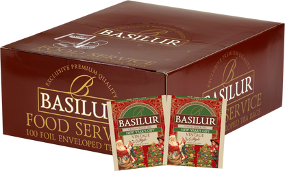 Zestaw Basilur New Year’s Gift – 100 torebek czarnej herbaty cejlońskiej z motywem Nowego Roku i Świętego Mikołaja.