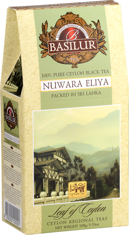 Zdjęcie frontu opakowania Basilur Nuwara Eliya czarna herbata z gór Sri Lanki

