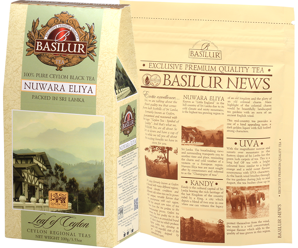 Zdjęcie pudełka Basilur Nuwara Eliya z otwartym wnętrzem czarna herbata Cejlon
