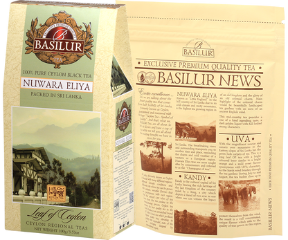 Zdjęcie pudełka Basilur Nuwara Eliya z otwartym wnętrzem czarna herbata Cejlon
