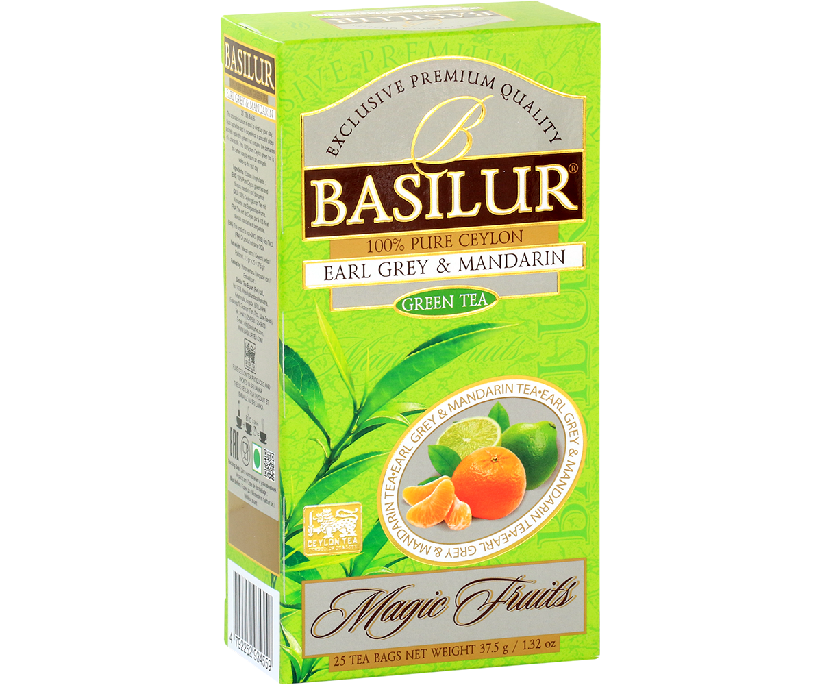 Widok boczny opakowania Basilur Earl Grey & Mandarin, zielona herbata z Cejlonu o cytrusowym smaku.