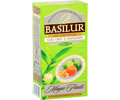 Widok boczny opakowania Basilur Earl Grey & Mandarin, zielona herbata z Cejlonu o cytrusowym smaku.