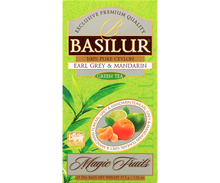 Opakowanie herbaty Basilur Earl Grey & Mandarin 25 x 1,5 g, zielona herbata cejlońska o cytrusowym aromacie.