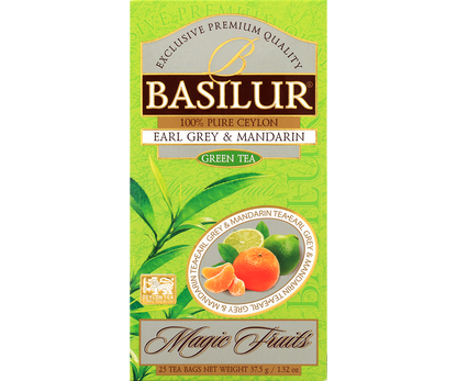 Opakowanie herbaty Basilur Earl Grey & Mandarin 25 x 1,5 g, zielona herbata cejlońska o cytrusowym aromacie.