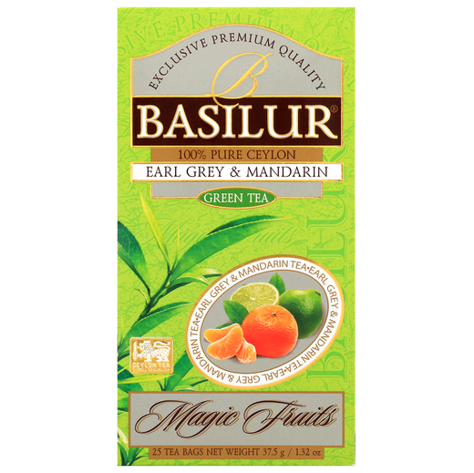 Opakowanie herbaty Basilur Earl Grey & Mandarin 25 x 1,5 g, zielona herbata cejlońska o cytrusowym aromacie.