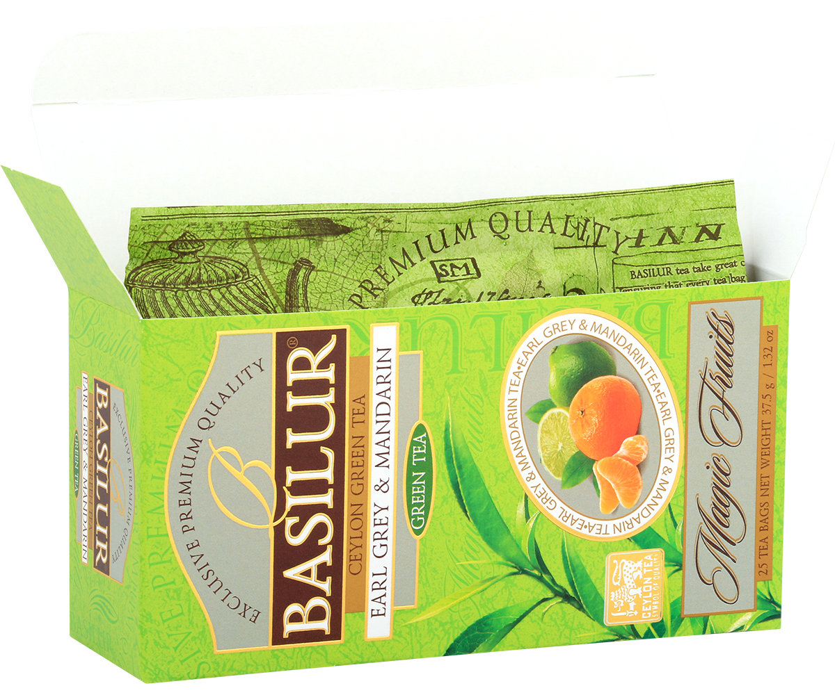 Otwarte pudełko Basilur Earl Grey & Mandarin z widocznymi torebkami zielonej herbaty.