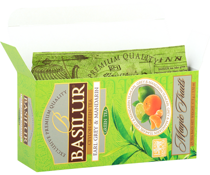 Otwarte pudełko Basilur Earl Grey & Mandarin z widocznymi torebkami zielonej herbaty.