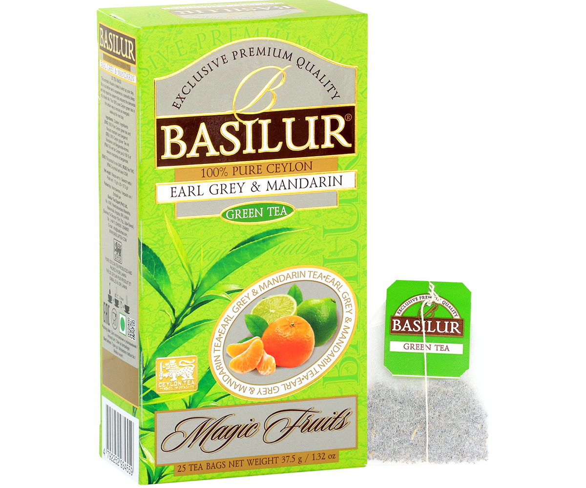 Pudełko Basilur Earl Grey & Mandarin z torebką herbaty, orzeźwiająca zielona herbata z mandarynką i bergamotką.