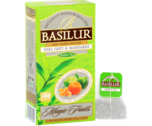 Pudełko Basilur Earl Grey & Mandarin z torebką herbaty, orzeźwiająca zielona herbata z mandarynką i bergamotką.