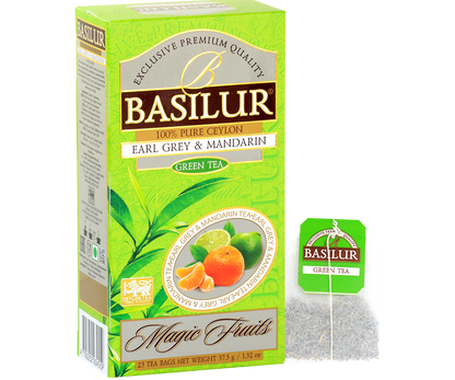 Pudełko Basilur Earl Grey & Mandarin z torebką herbaty, orzeźwiająca zielona herbata z mandarynką i bergamotką.