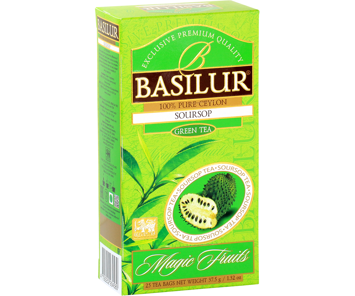 Opakowanie herbaty Basilur Soursop 25 x 1,5 g, zielona herbata cejlońska o smaku egzotycznego owocu flaszowca.