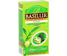 Opakowanie herbaty Basilur Soursop 25 x 1,5 g, zielona herbata cejlońska o smaku egzotycznego owocu flaszowca.