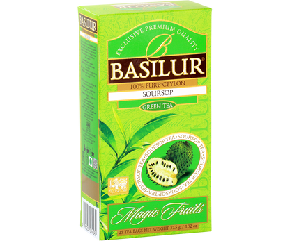Opakowanie herbaty Basilur Soursop 25 x 1,5 g, zielona herbata cejlońska o smaku egzotycznego owocu flaszowca.