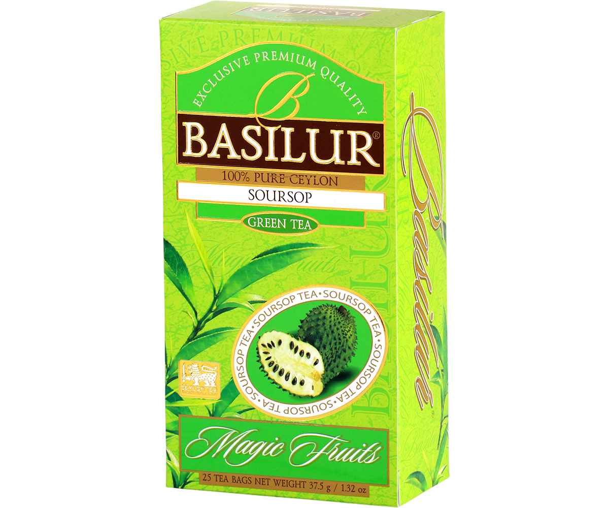 Widok boczny opakowania Basilur Soursop, zielona herbata z Cejlonu z aromatem soursopa.