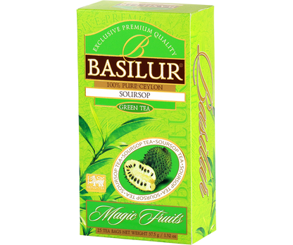 Widok boczny opakowania Basilur Soursop, zielona herbata z Cejlonu z aromatem soursopa.
