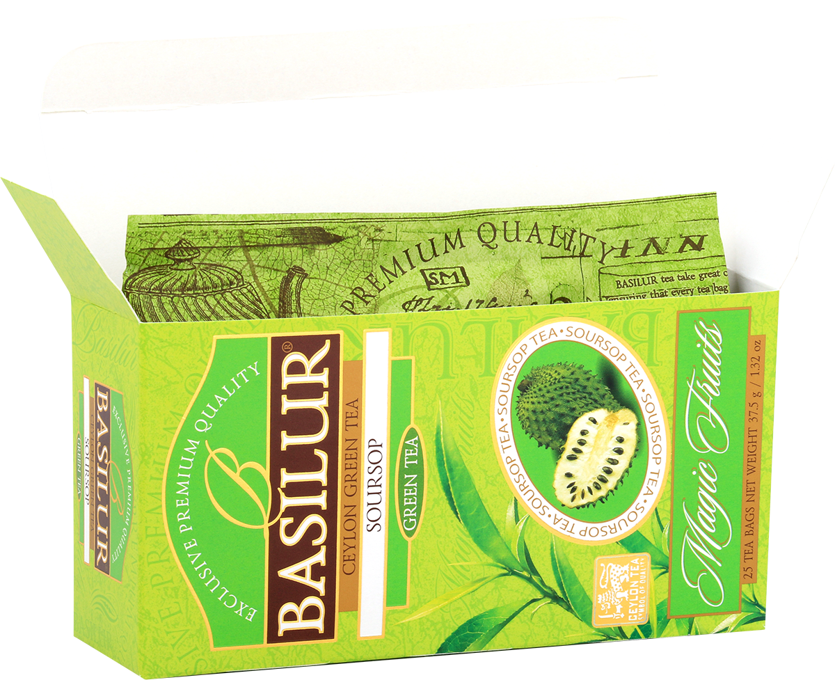Otwarte pudełko Basilur Soursop z widocznymi torebkami herbaty zielonej.