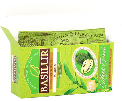 Otwarte pudełko Basilur Soursop z widocznymi torebkami herbaty zielonej.