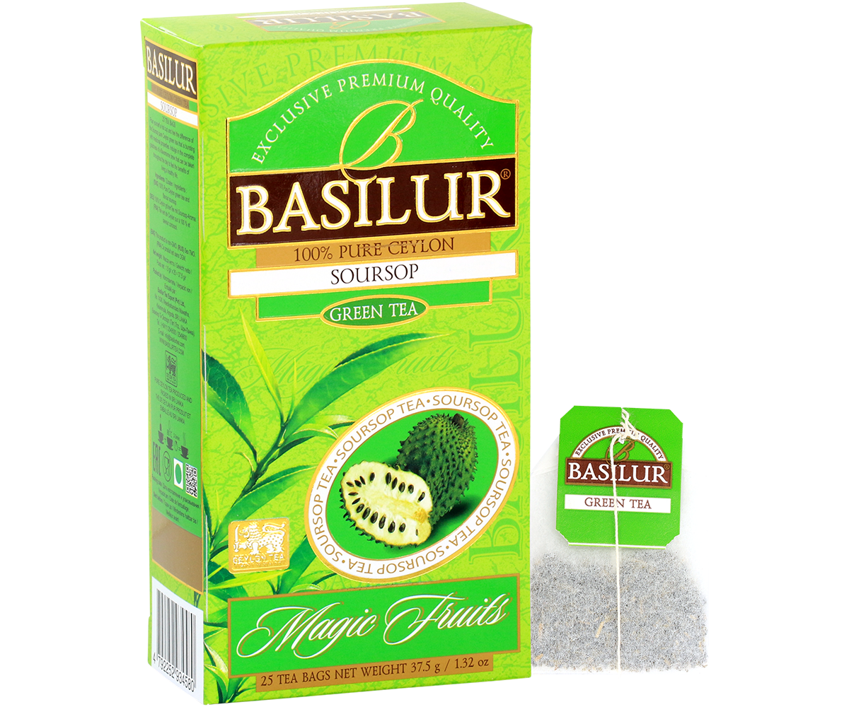 Pudełko Basilur Soursop z torebką herbaty, orzeźwiająca zielona herbata z nutą tropikalnego owocu.