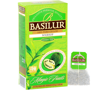 Pudełko Basilur Soursop z torebką herbaty, orzeźwiająca zielona herbata z nutą tropikalnego owocu.