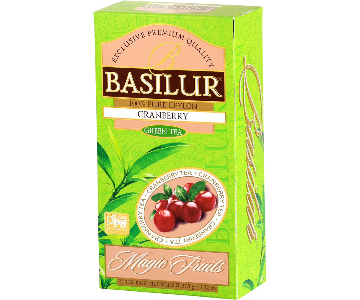 Widok boczny opakowania Basilur Cranberry, zielona herbata z Cejlonu z dodatkiem żurawiny.
