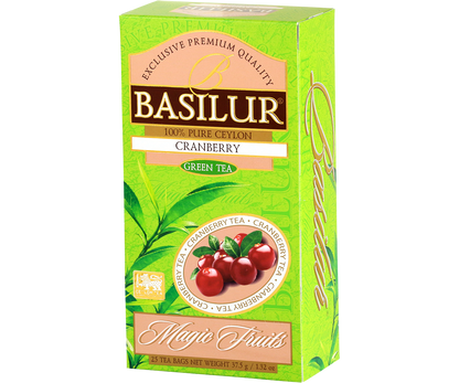 Widok boczny opakowania Basilur Cranberry, zielona herbata z Cejlonu z dodatkiem żurawiny.