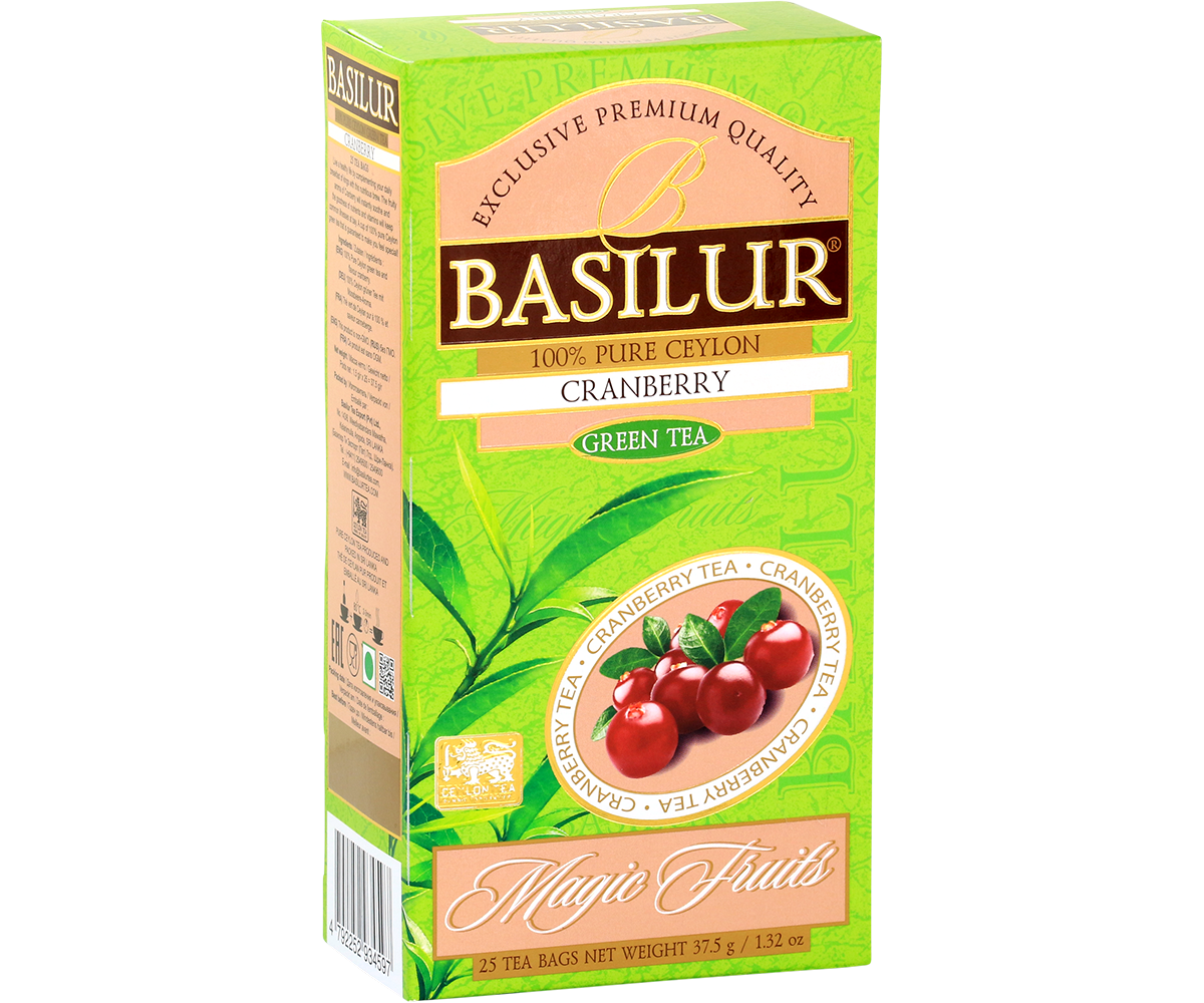 Opakowanie herbaty Basilur Cranberry 25 x 1,5 g, zielona herbata cejlońska o owocowym smaku żurawiny.