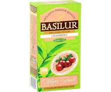 Opakowanie herbaty Basilur Cranberry 25 x 1,5 g, zielona herbata cejlońska o owocowym smaku żurawiny.