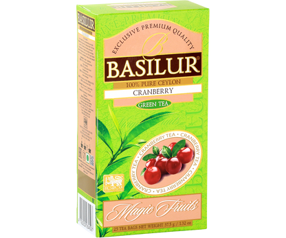 Opakowanie herbaty Basilur Cranberry 25 x 1,5 g, zielona herbata cejlońska o owocowym smaku żurawiny.