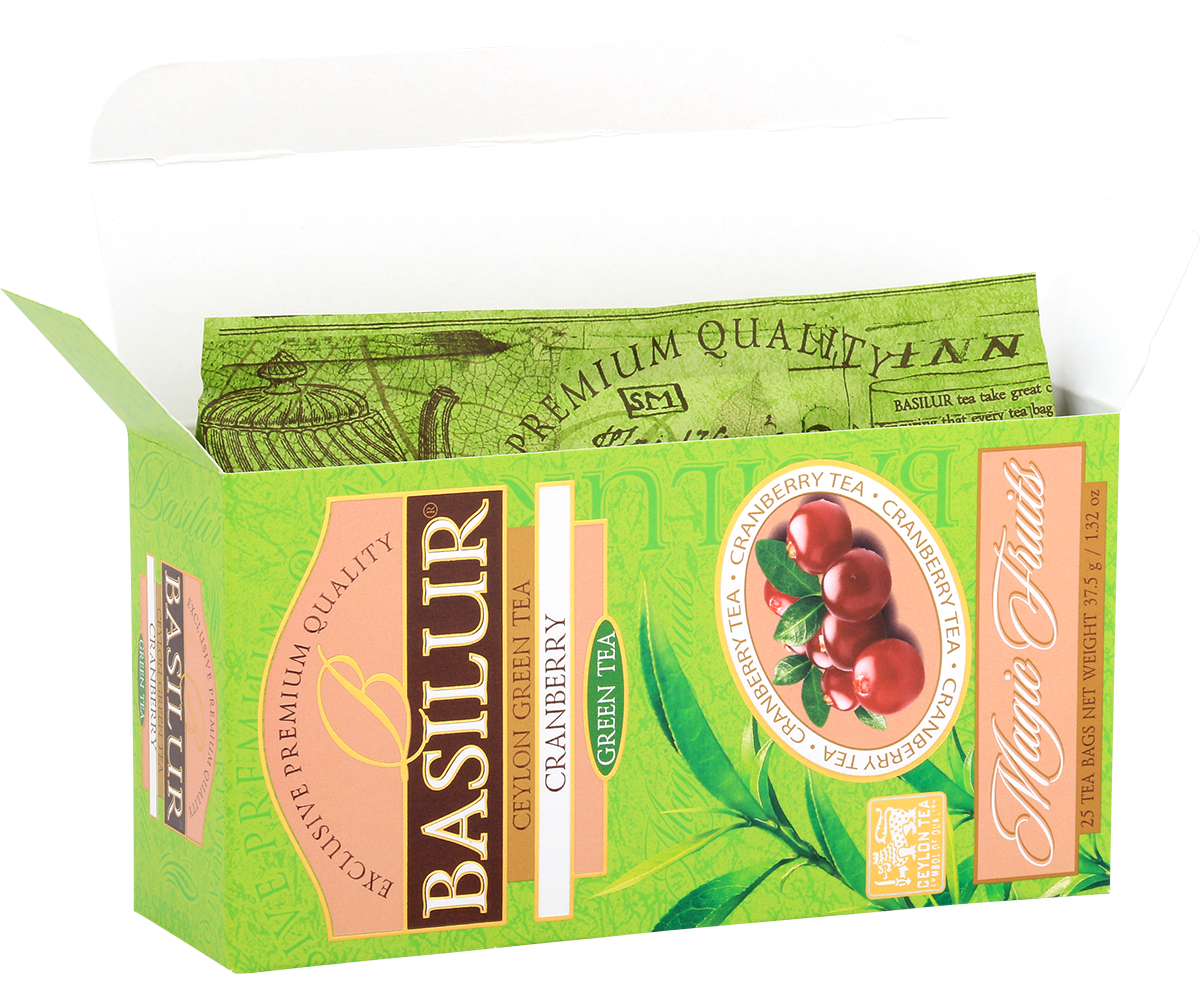 Otwarte pudełko Basilur Cranberry z widocznymi torebkami zielonej herbaty.