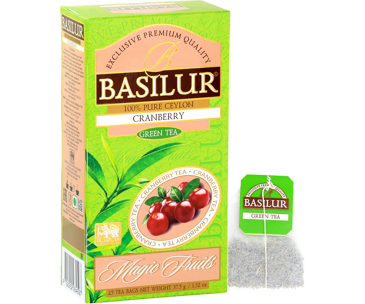 Pudełko Basilur Cranberry z torebką herbaty, zielona herbata o świeżym, żurawinowym aromacie.
