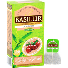 Pudełko Basilur Cranberry z torebką herbaty, zielona herbata o świeżym, żurawinowym aromacie.
