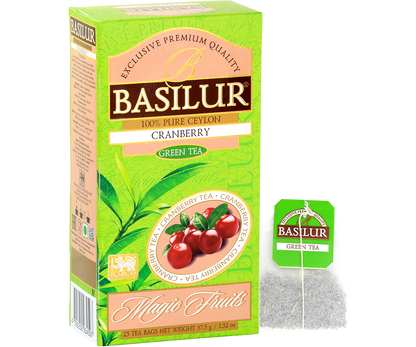Pudełko Basilur Cranberry z torebką herbaty, zielona herbata o świeżym, żurawinowym aromacie.