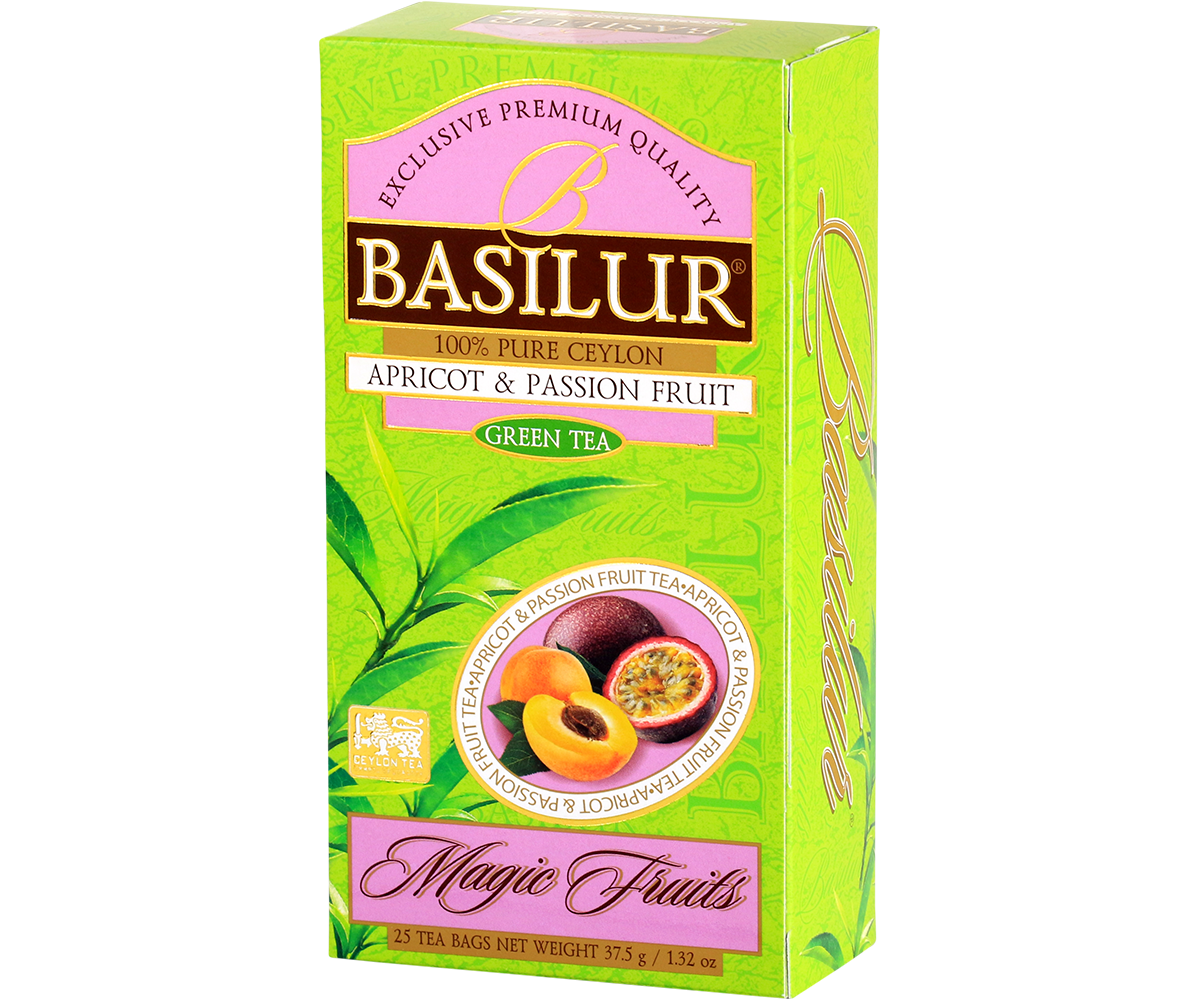 Zielona herbata Basilur Apricot & Passion Fruit – widok boczny opakowania.