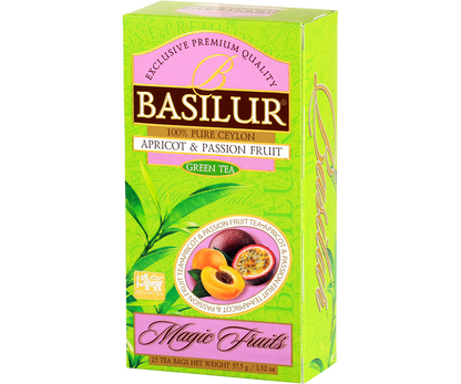 Zielona herbata Basilur Apricot & Passion Fruit – widok boczny opakowania.
