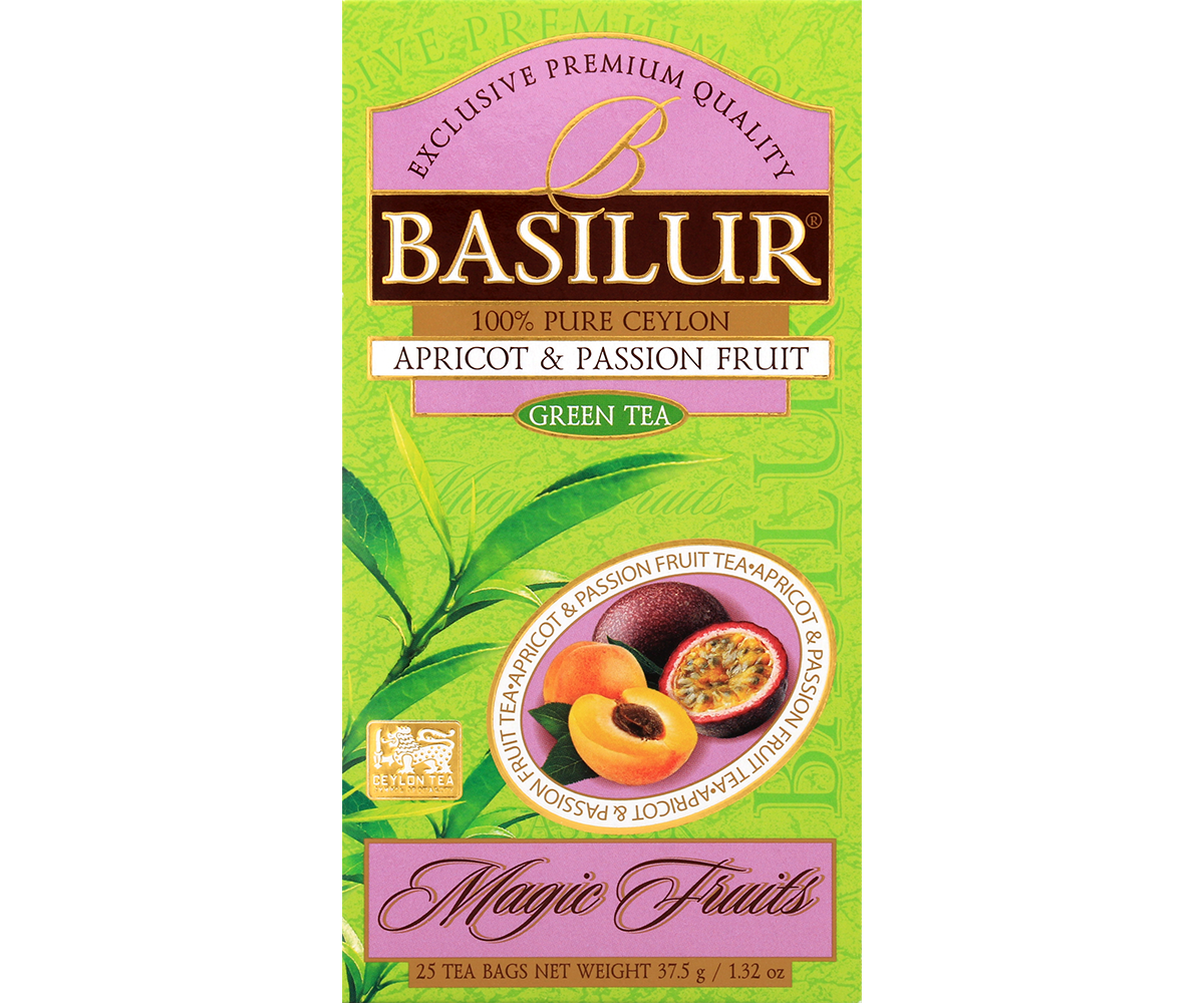 Front pudełka Basilur Apricot & Passion Fruit – aromatyczna herbata zielona Ceylon.