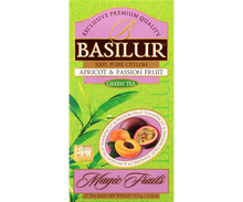 Front pudełka Basilur Apricot & Passion Fruit – aromatyczna herbata zielona Ceylon.