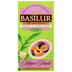 Front pudełka Basilur Apricot & Passion Fruit – aromatyczna herbata zielona Ceylon.