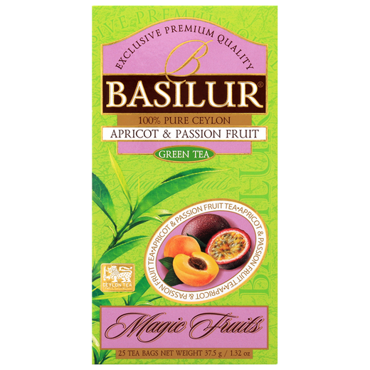 Front pudełka Basilur Apricot & Passion Fruit – aromatyczna herbata zielona Ceylon.