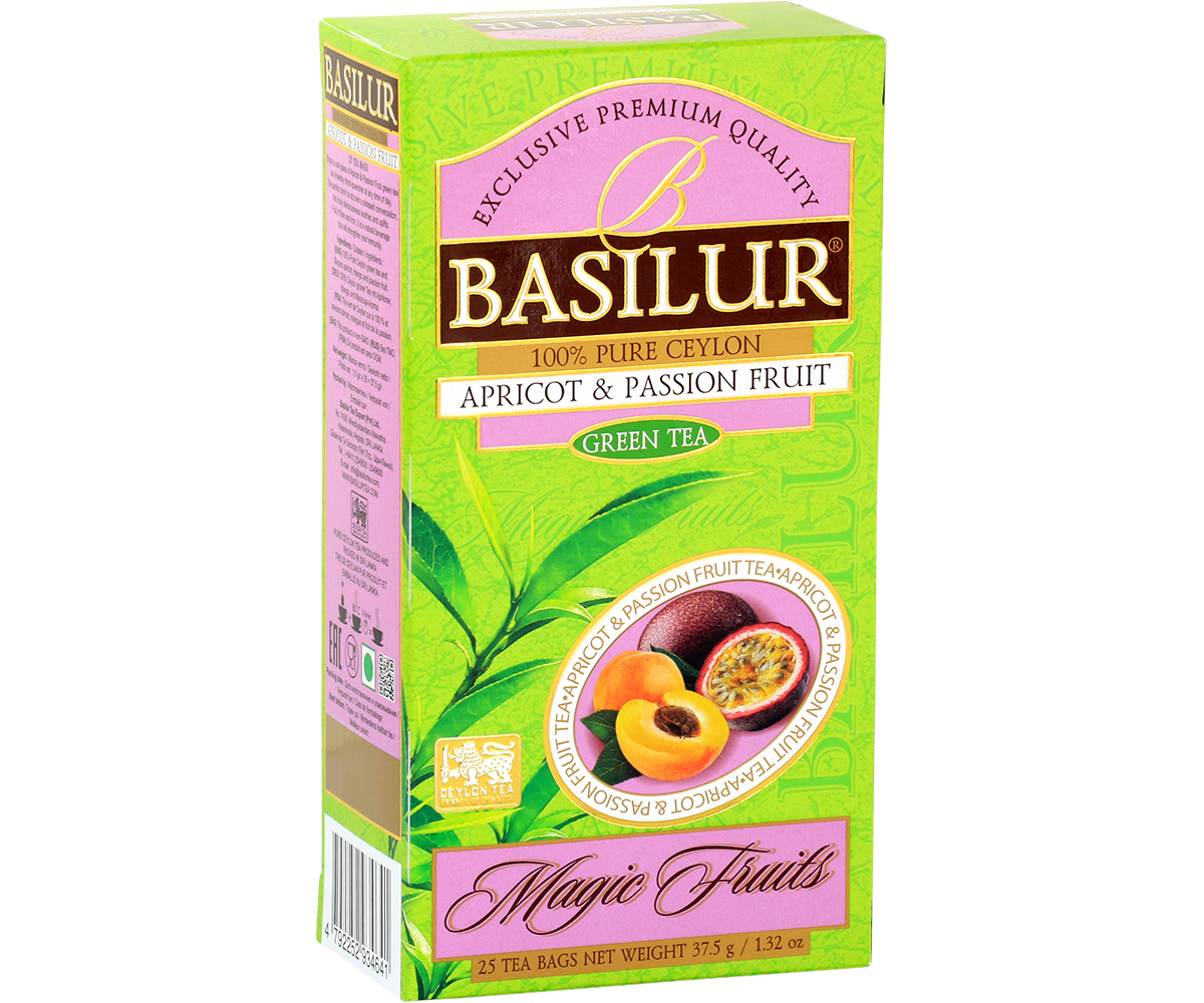 Opakowanie Basilur Apricot & Passion Fruit – zielona herbata z marakują i morelą.
