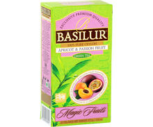 Opakowanie Basilur Apricot & Passion Fruit – zielona herbata z marakują i morelą.