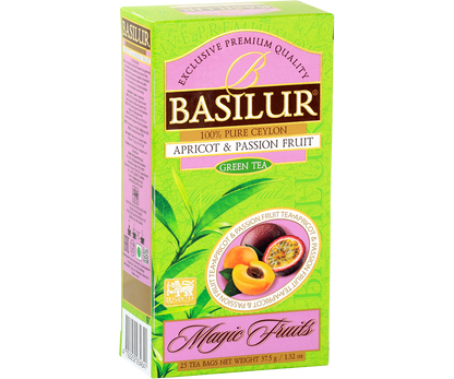 Opakowanie Basilur Apricot & Passion Fruit – zielona herbata z marakują i morelą.