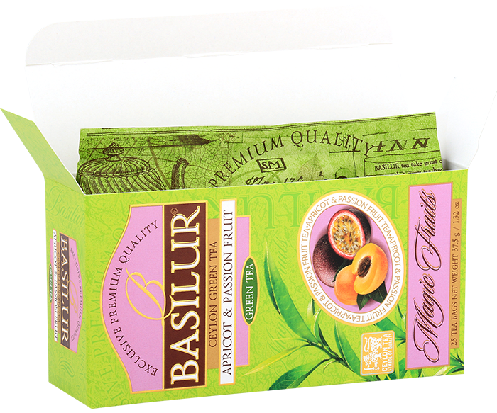Otwarta herbata Basilur Apricot & Passion Fruit – eleganckie opakowanie i torebki z herbatą.