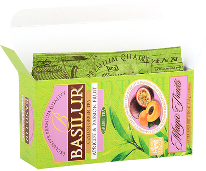 Otwarta herbata Basilur Apricot & Passion Fruit – eleganckie opakowanie i torebki z herbatą.