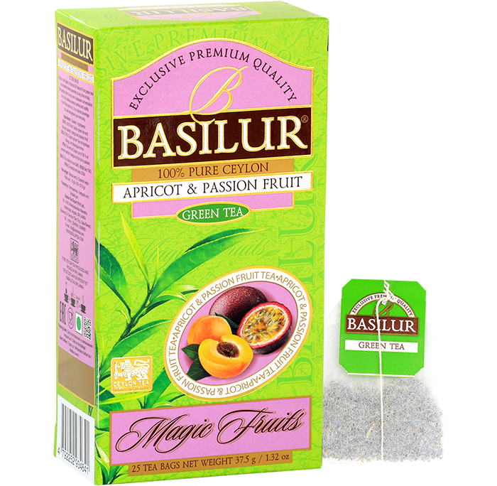 Herbata Basilur Apricot & Passion Fruit w torebkach i opakowaniu – zielona herbata owocowa Ceylon.