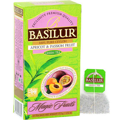 Herbata Basilur Apricot & Passion Fruit w torebkach i opakowaniu – zielona herbata owocowa Ceylon.
