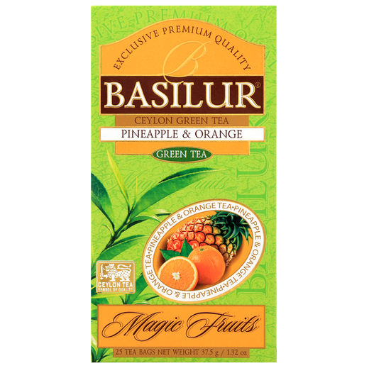 Herbata Basilur Pineapple & Orange zielona herbata w otwartym opakowaniu
