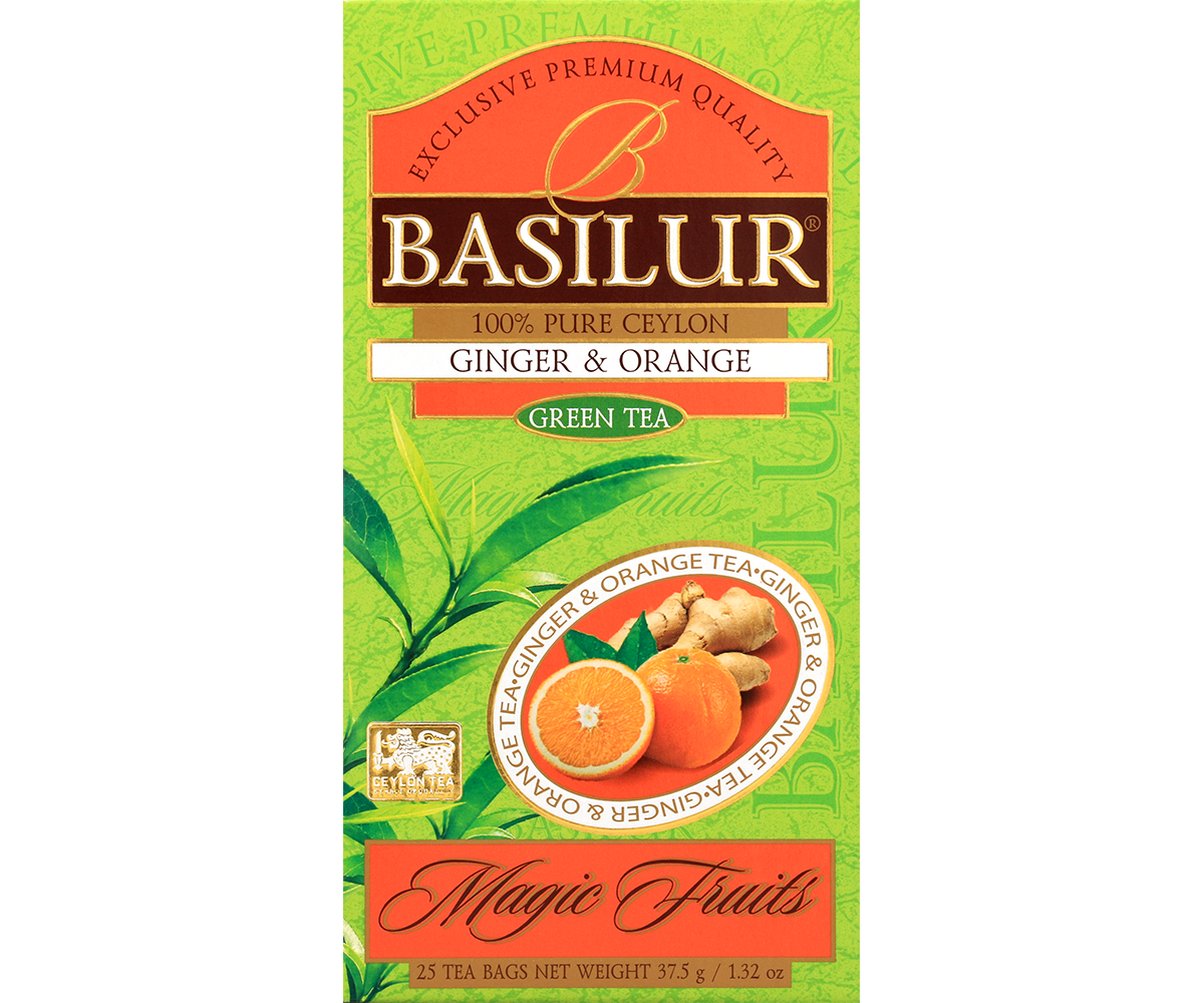 Zielona herbata Basilur Ginger & Orange w żywym, zielono-pomarańczowym opakowaniu Magic Fruits.