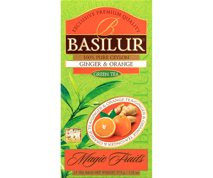 Zielona herbata Basilur Ginger & Orange w żywym, zielono-pomarańczowym opakowaniu Magic Fruits.